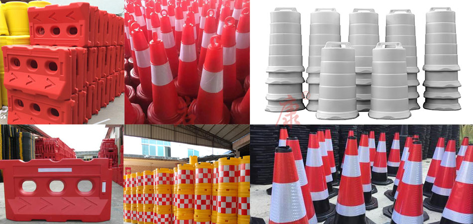 交通設施吹塑機可以生產水馬、路障、圍擋、警示柱、防撞桶、路錐等道路交通制品 交通設施吹塑機可以生產什么產品